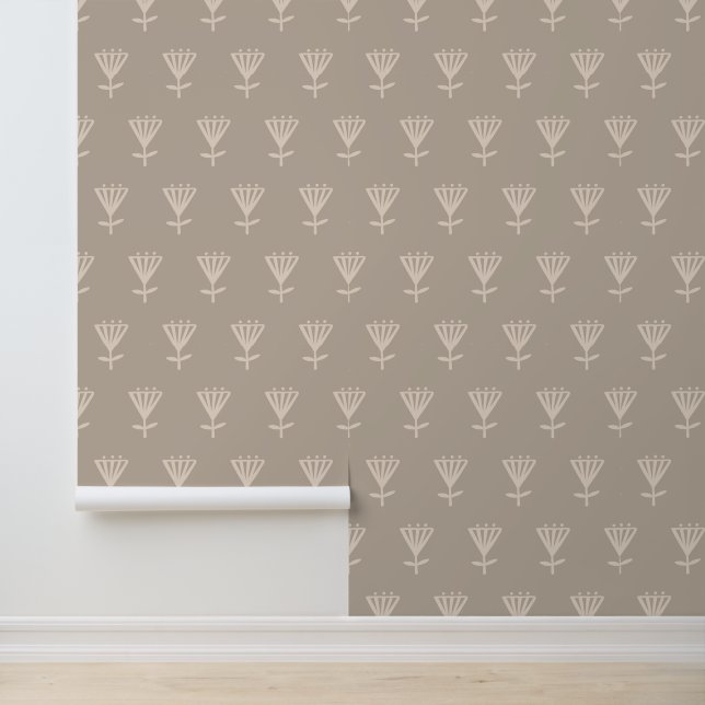 Beige Grey Floral Motif Pattern Wallpaper (Application)