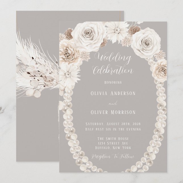 Beige Grey Floral White Pearls Wedding Invitation (Front/Back)
