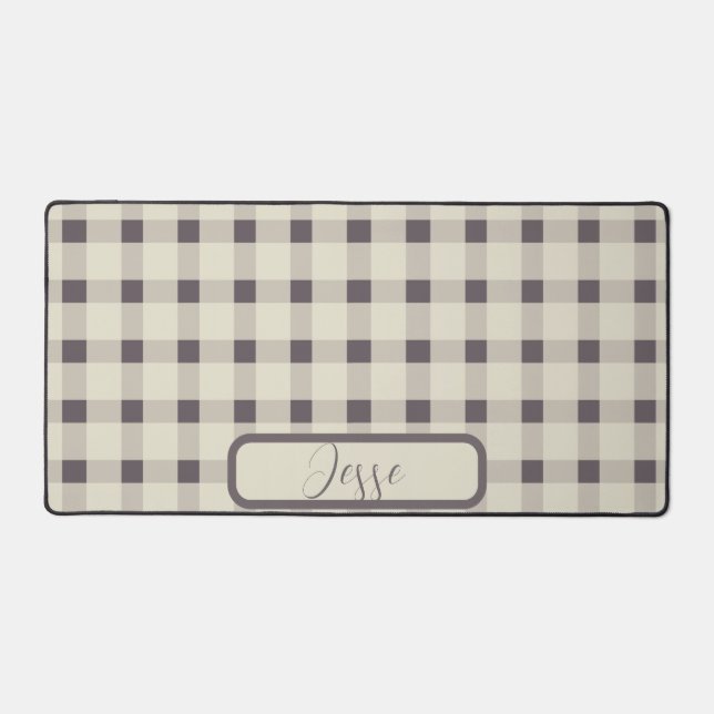 Beige Grey Gingham Pattern Desk Mat (Front)
