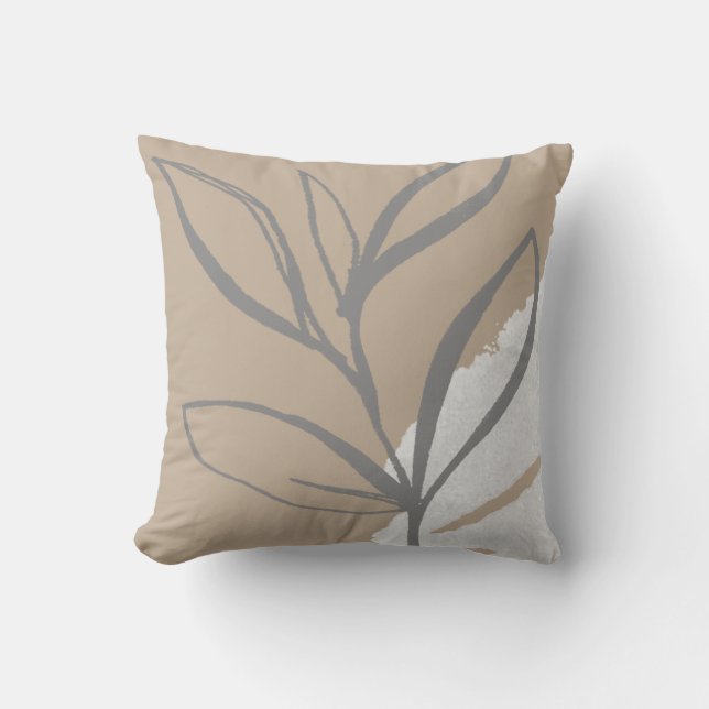 Beige Grey & White Abstract Watercolor Leaves Cushion (Front)