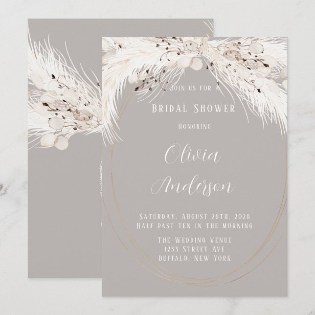 Beige Grey White Floral Feathers Bridal Shower Invitation (Front/Back)