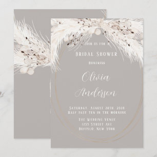 Beige Grey White Floral Feathers Bridal Shower Invitation