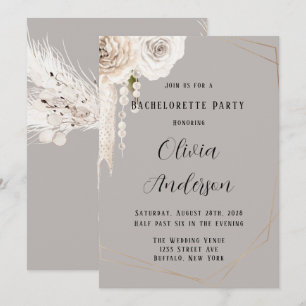 Beige Grey White Floral Pearls Bachelorette Party Invitation
