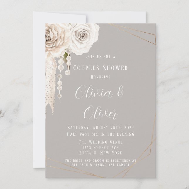 Beige Grey White Floral Pearls Couples Shower Invitation (Front)