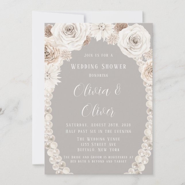 Beige Grey White Floral Pearls Wedding Shower Invitation (Front)