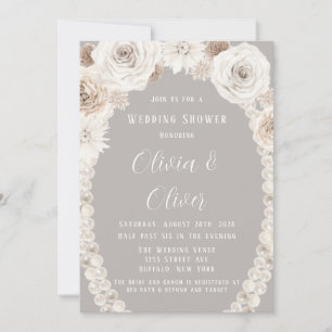 Beige Grey White Floral Pearls Wedding Shower Invitation