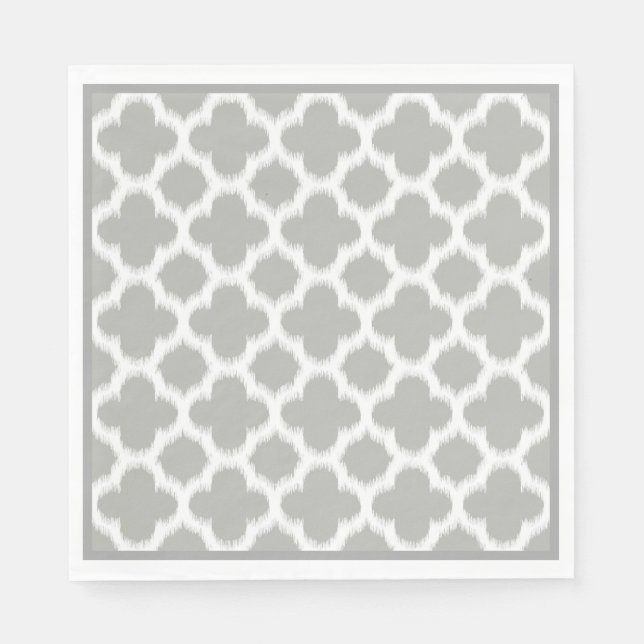 Beige Grey White Retro Ikat Quatrefoil Pattern Napkin (Front)