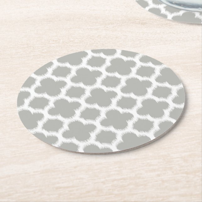 Beige Grey White Retro Ikat Quatrefoil Pattern Round Paper Coaster (Angled)
