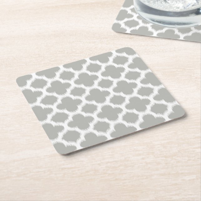 Beige Grey White Retro Ikat Quatrefoil Pattern Square Paper Coaster (Angled)