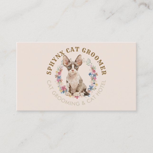 Beige Grooming Salon Pet Spa Sphynx Cat Business Card (Front)
