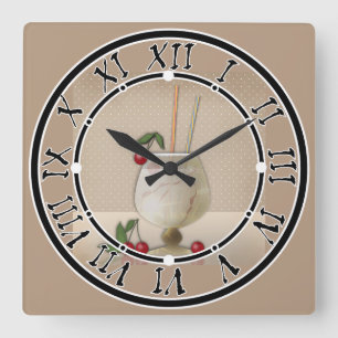 beige grunge retro vintage cocktail glass cherry p square wall clock