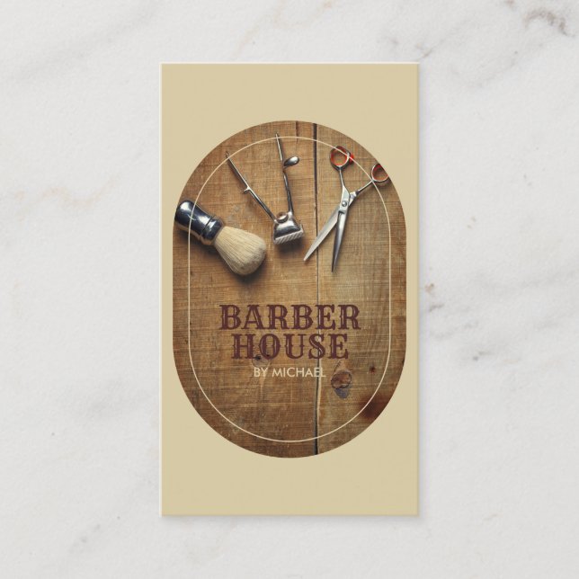 Beige hair stylist Rustic Wooden BarberShop Business Card (Front)