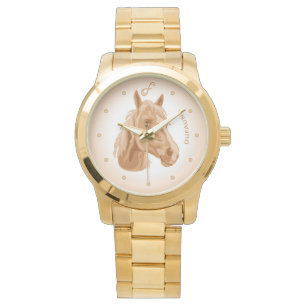 Beige Happy Horse Golden Wrist Watch