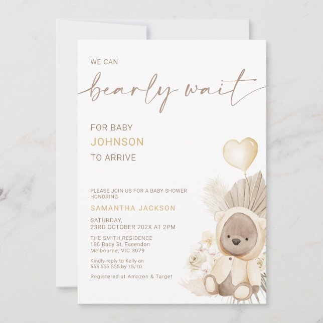 Beige Heart Balloon Bearly Wait Baby Shower  Invitation (Front)