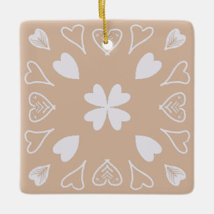 Beige Heart Folk Art Pattern Christmas Tree Ceramic Ornament