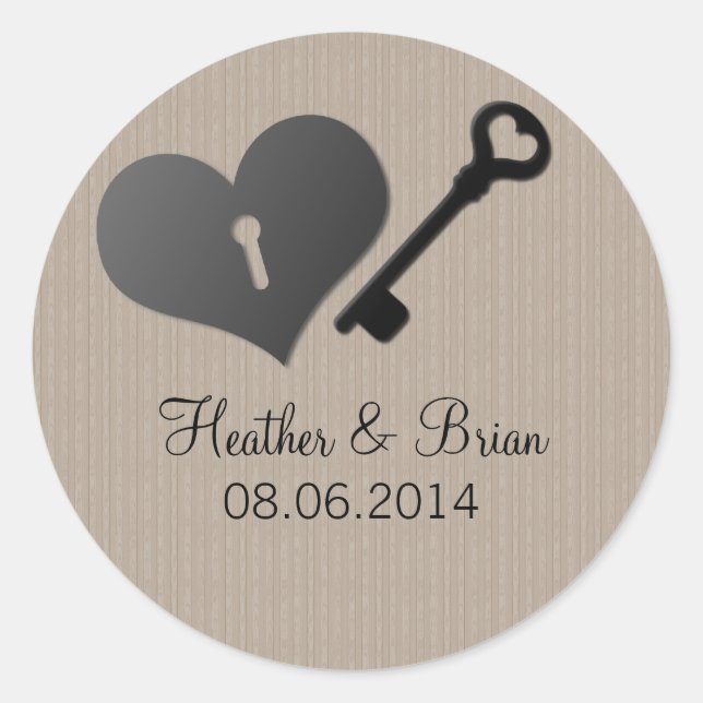 Beige Heart Lock and Key Wedding Stickers (Front)