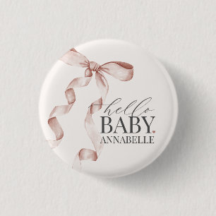 Beige Hello Baby Bow Girl Baby Shower Favours 3 Cm Round Badge