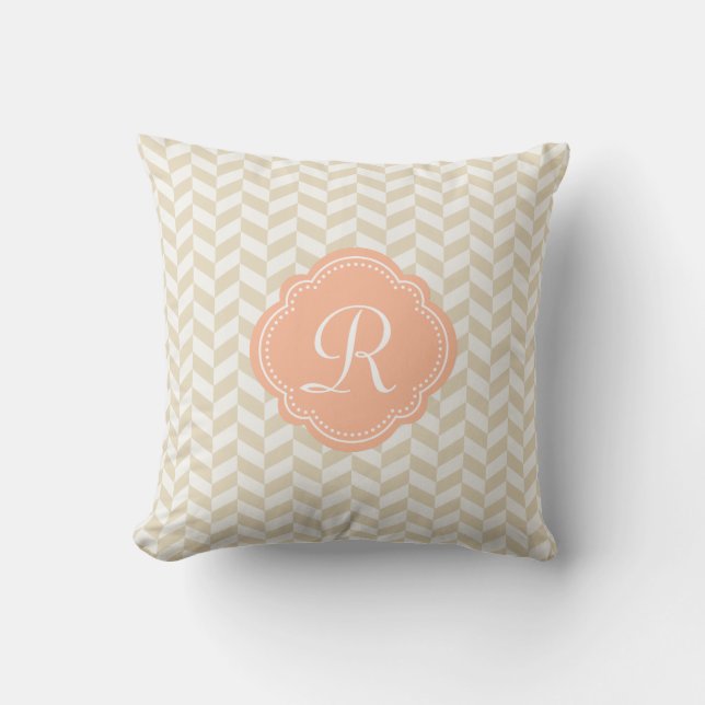 Beige Herringbone Chevron Pattern with Monogram Cushion (Front)