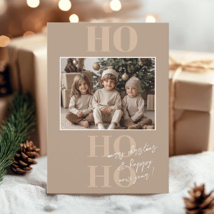 Beige Ho Ho Ho and Photo Christmas  Invitation
