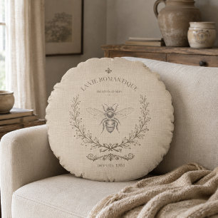 Beige Honey Bee French Country Vintage Rustic Round Cushion