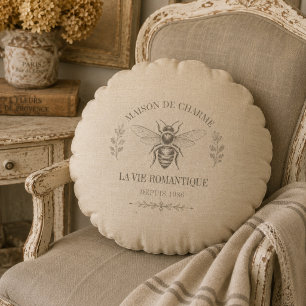 Beige Honey Bee French Country Vintage Rustic Round Cushion