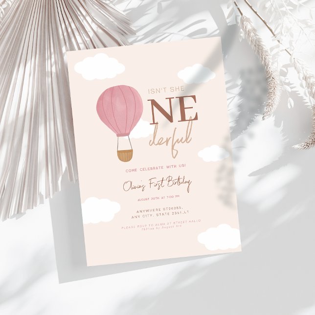Beige hot Air Ballon Onederful 1st Birthday  Invitation (Creator Uploaded)