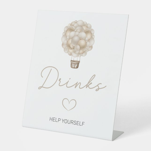 Beige Hot Air Balloon Baby Shower Drinks Pedestal Sign (Front)