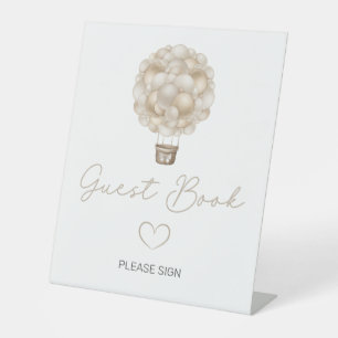 Beige Hot Air Balloon Baby Shower Guest Book Pedestal Sign