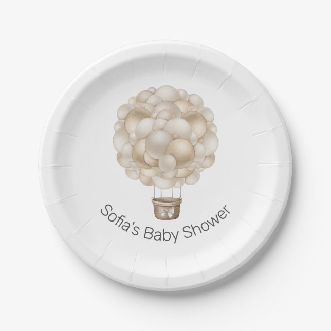 Beige Hot Air Balloon Boho Baby Shower Paper Plate (Front)