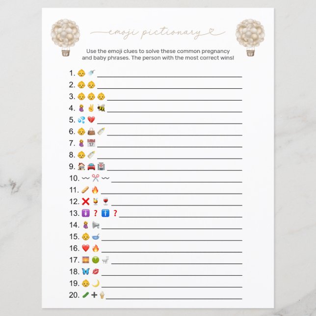 Beige Hot Air Balloon Emoji Baby Shower Game (Front)