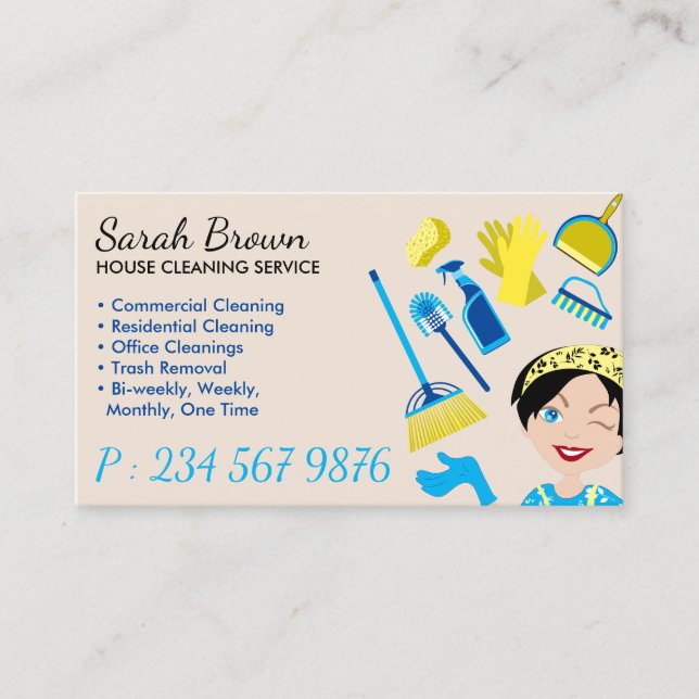 Beige House Cleaning Janitorial Gloved Apron Maid Business Card (Front)