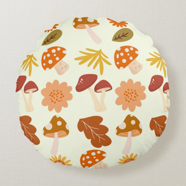 Beige Hues Mushroom Garden Round Pillow (Front)