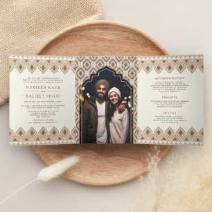 Beige Ikat All in One Anand Karaj Sikh Wedding Tri-Fold Invitation