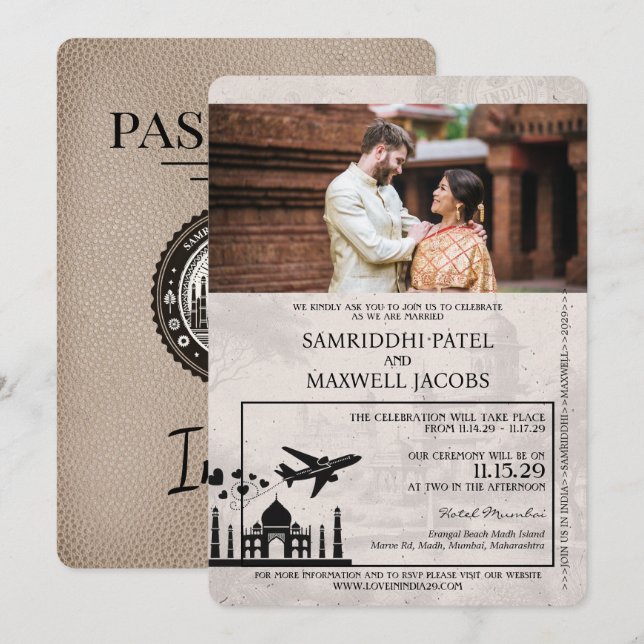 Beige India Passport Wedding Invitation (Front/Back)