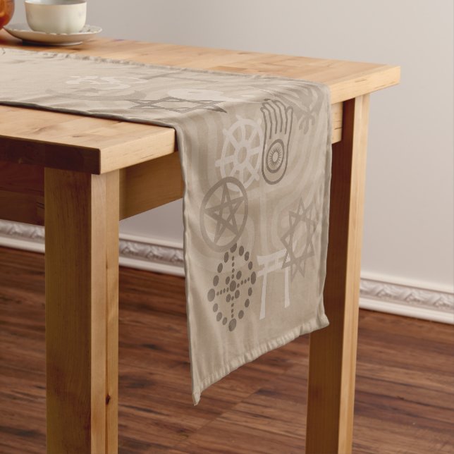 Beige Interfaith Symbols Short Table Runner (In Situ)