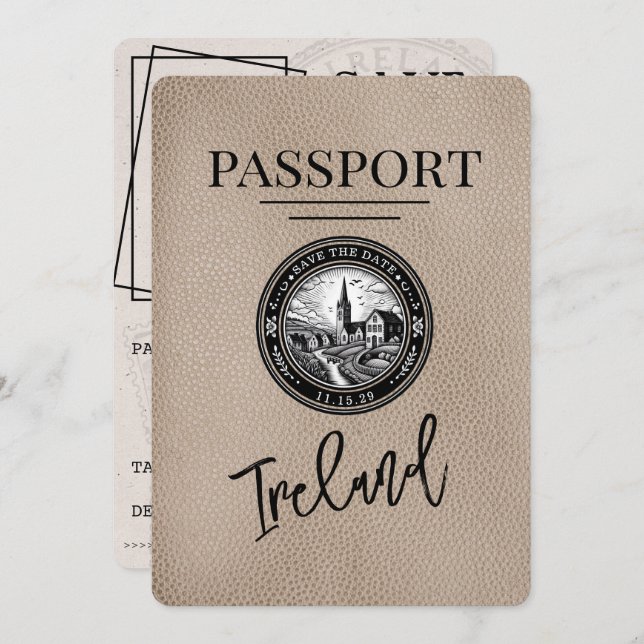 Beige Ireland Passport Save The Date (Front/Back)