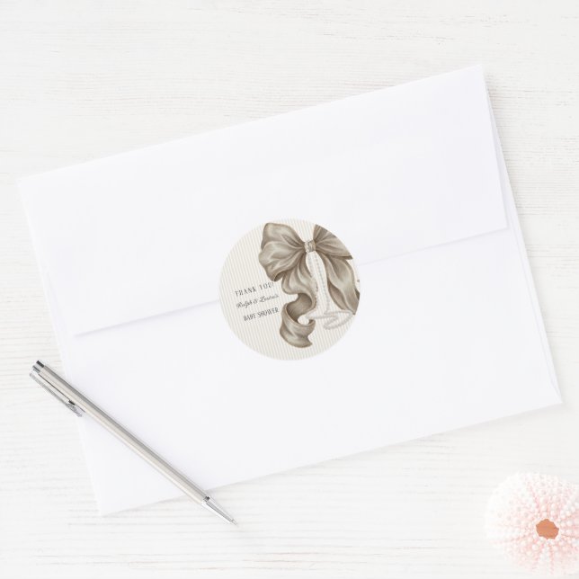 Beige Ivory Bow Baby Shower Thank You Classic Round Sticker (Envelope)