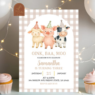 Beige Ivory Farm Party Gingham Birthday Invitation