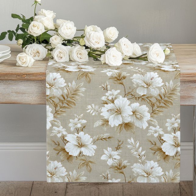 Beige ivory floral tropical soft neutral kitchen long table runner (Beige ivory floral tropical soft neutral table runner

)