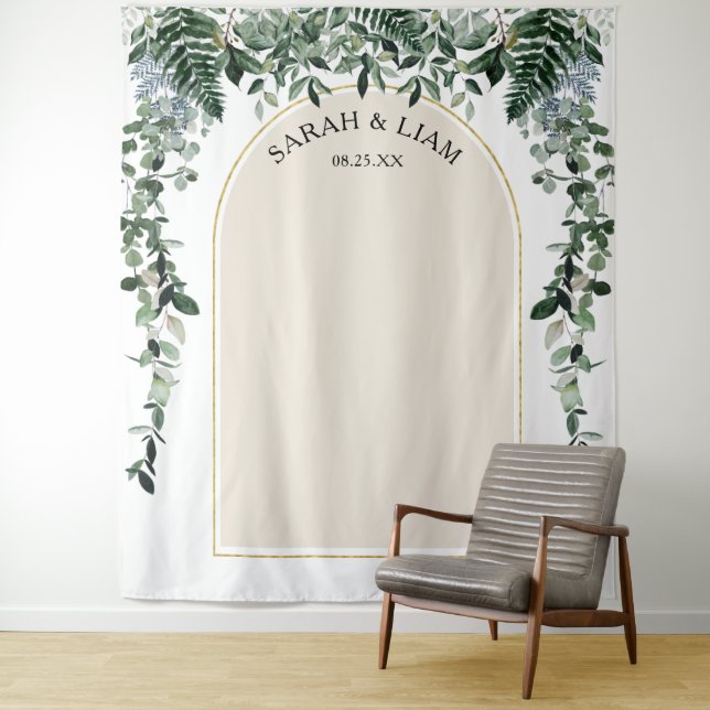 Beige Ivory Modern arch Botanic Wedding Backdrop Tapestry (In Situ)