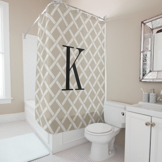Beige Lattice Large Monogram | Farmhouse Bathroom Shower Curtain (In Situ)