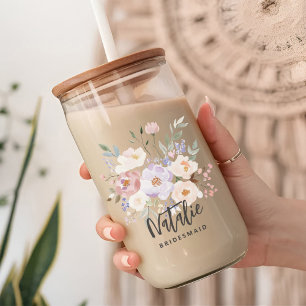 Beige Lavender Watercolor Floral Bridesmaid  Can Glass