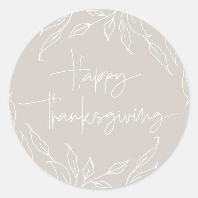 Beige Leaf Motif Happy Thanksgiving Classic Round Sticker (Front)