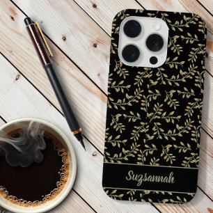 Beige Leaf Pattern On Black Background Custom iPhone 15 Pro Case