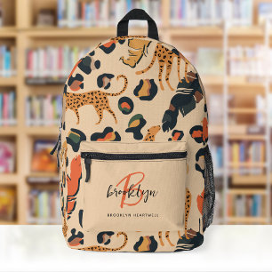 Beige Leopard Print Monogram Name Back to School Printed Backpack
