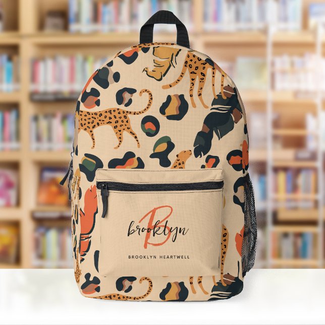 Beige Leopard Print Monogram Name Back to School Printed Backpack (Creator Uploaded)