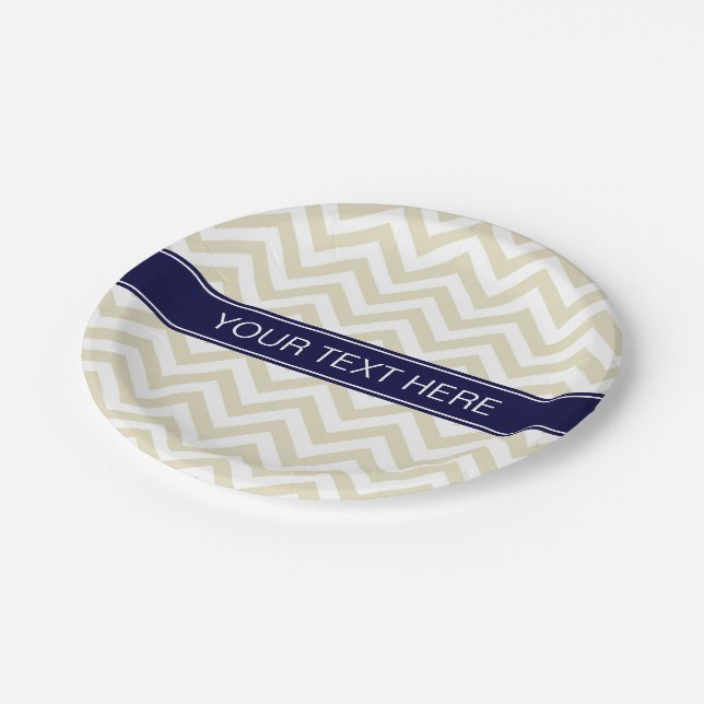 Beige Lg Chevron Navy Blue Name Monogram Paper Plate (Angled)