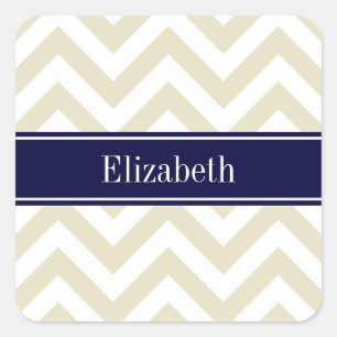 Beige Lg Chevron Navy Blue Name Monogram Square Sticker