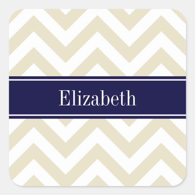 Beige Lg Chevron Navy Blue Name Monogram Square Sticker (Front)