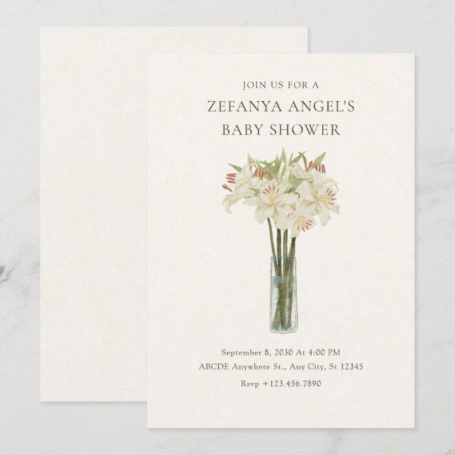 Beige lily flower in vase minimalist baby shower invitation (Front/Back)
